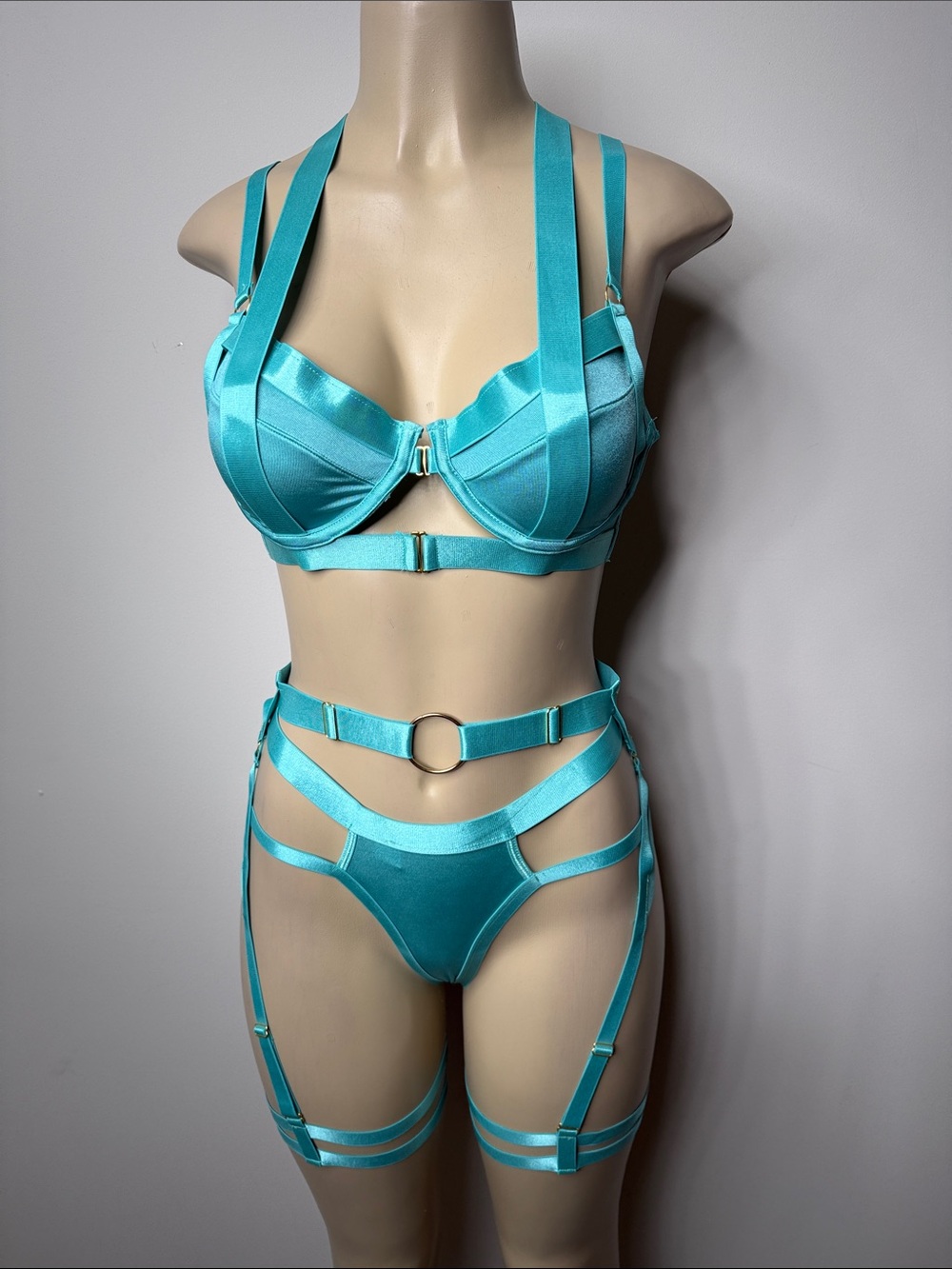 Strappy Turquoise Lingerie Set with Garter Accents